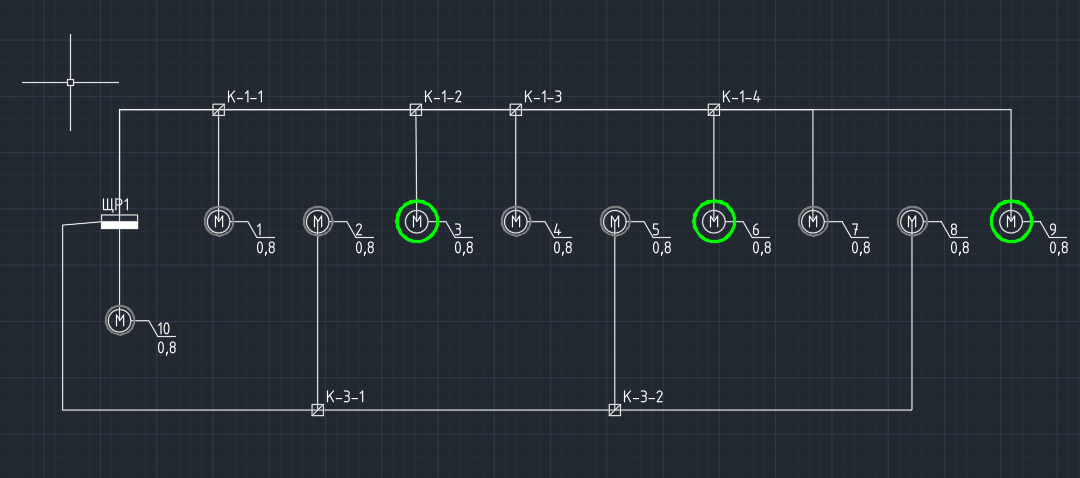 План в AutoCAD: щит, электроприёмники, трассы с коробками